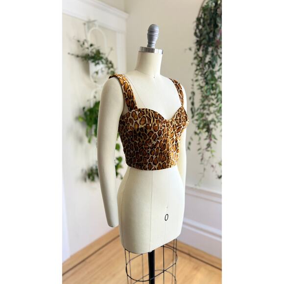 Vintage 1990s Bustier 90s Leopard Animal Print Pin Up Faux Fur Velvet Crop Top - Picture 5 of 9